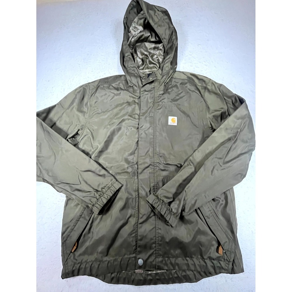 Carhartt Rain Jacket Mens Small Olive Waterproof Logo Hidden Full Zip Hooded
